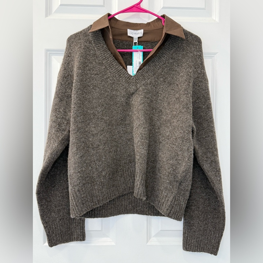 NWT Women’s Lucy Paris V Neck Mock Collar Espresso Brown Medium $134